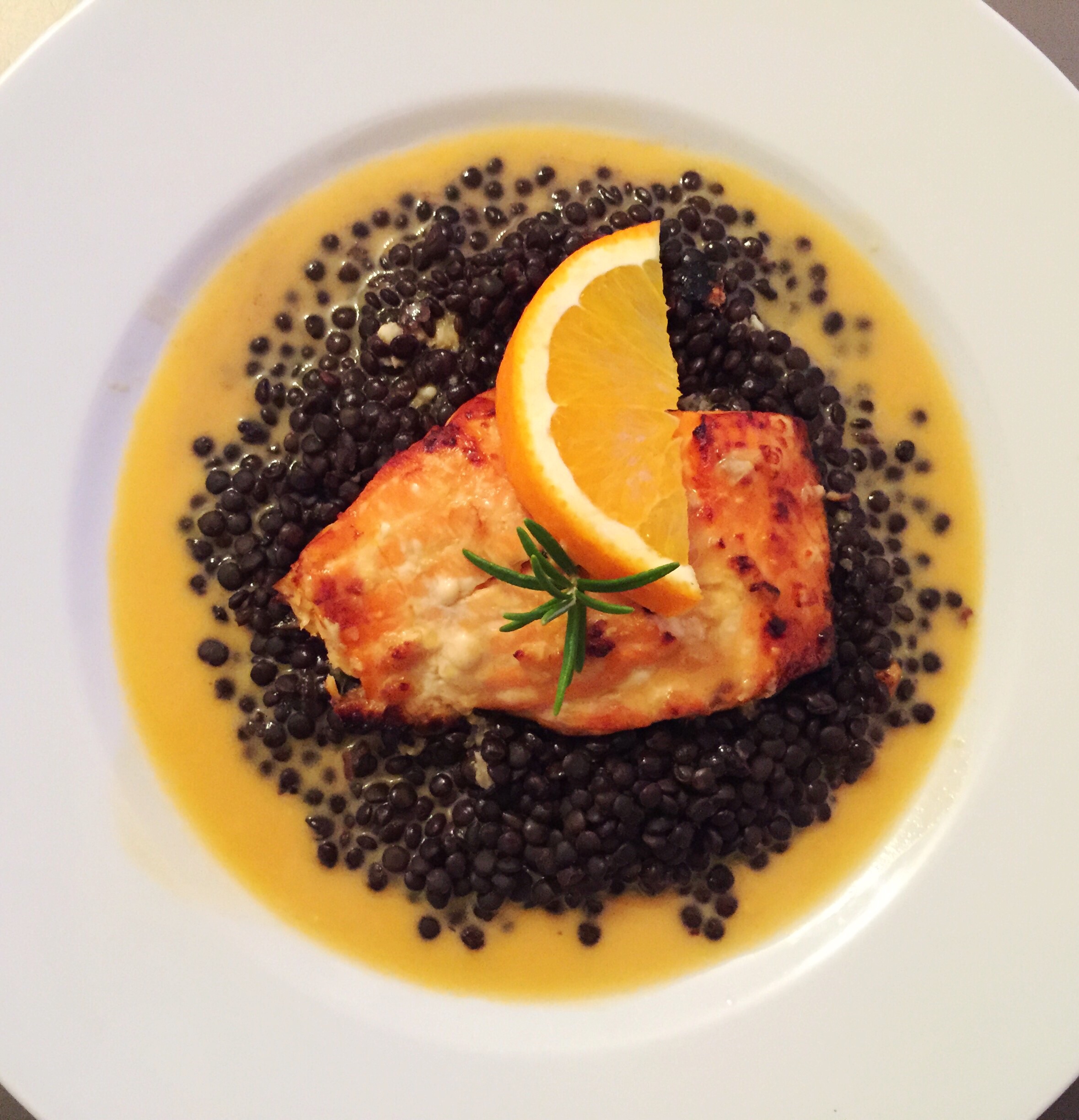 SALMON ON BELUGA LENTILS WITH ORANGE-COCONUT SAUCE