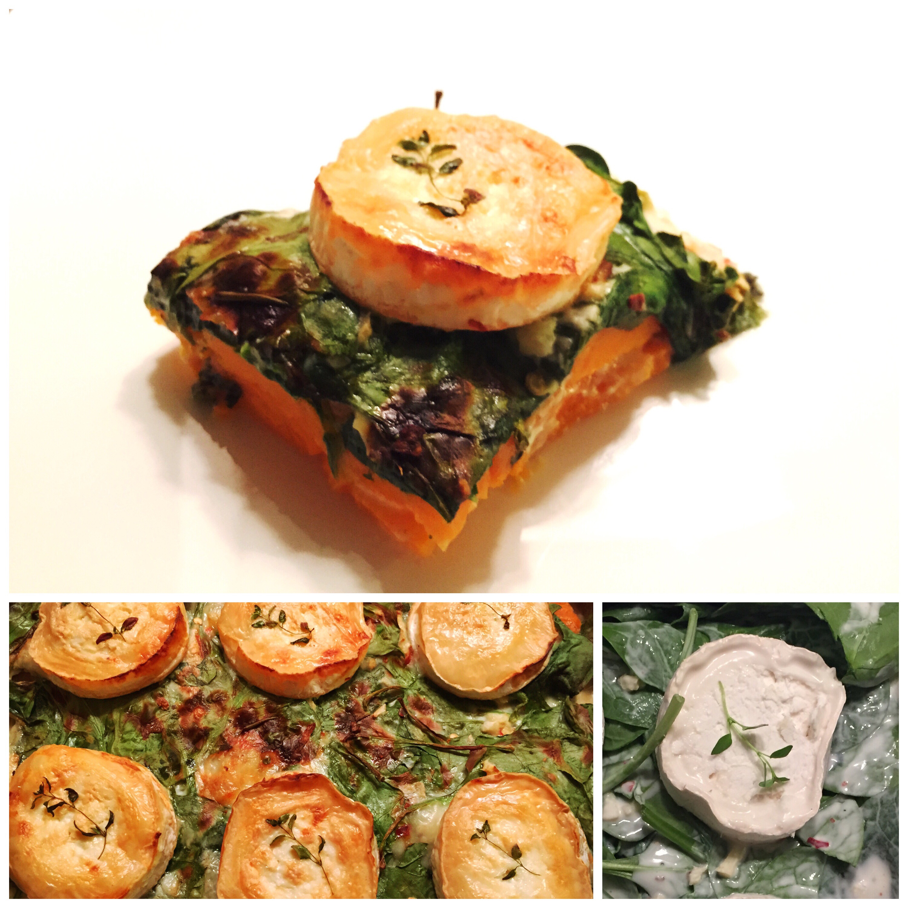 SWEET POTATO SPINACH GRATIN WITH GRILLED GOAT CHEESE